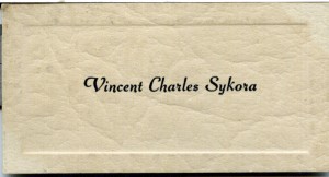 Graduation name card for Vincent Charles Sykora - 1938